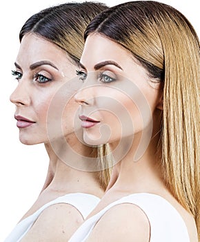 Adult woman before and after retouch photo