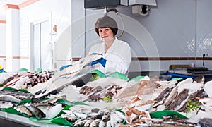 Adult woman selling chilled fish in store