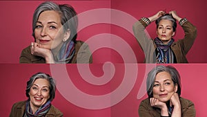 Adult woman shows emotion on camera. Collage video. The woman laughs at the hair. Propped his head with his hand. High