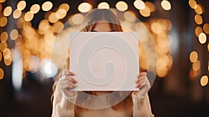 Adult Woman Shows a White Sheet of Paper on a Blurred Background