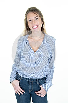 Adult woman smiling friendly stand casual relaxed pose blue stripped white collar shirt stand white background