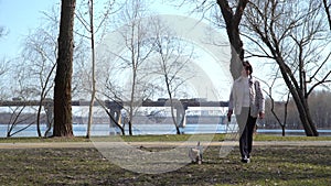 Adult woman walks in spring park with yorkshire terrier