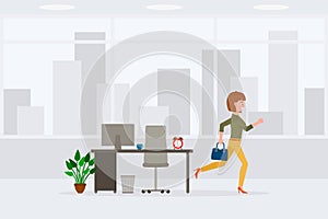 Adult woman in yellow pants running away from office vector illustration. Fast moving forward, going home cartoon character