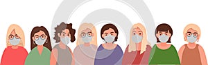 Adult women wearing face masks standing together in row. Diverse people vector illustration. Group of students.