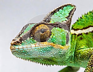 adult Yemen Veiled Chameleon - Chamaeleo calyptratus - close up. Multicolor Beautiful Chameleon closeup reptile with colorful