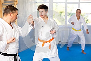 Adult and young men training karate fight