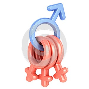 Adultery or a polygamy 3d concept - many female symbols attached on one male symbol