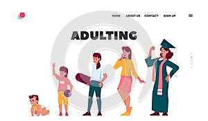 Adulting Landing Page Template. Female Character Life Cycle. Woman in Different Ages Newborn Baby, Child, Teenager
