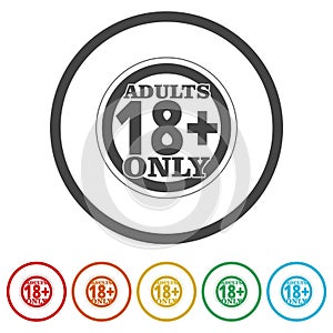 Adults only, 18 plus sign. Set icons in color circle buttons