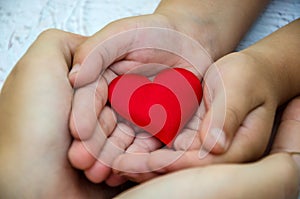 Adults and children hands holding a red heart, healthcare, love, organ donation, family insurance and CSR concept, World Heart Day