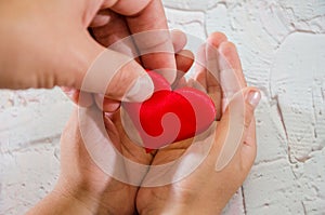 Adults and children hands holding a red heart, healthcare, love, organ donation, family insurance and CSR concept, World Heart Day