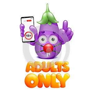 Adults only cocept card. Eggplant cartoon character with smart phonein hand