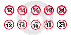 Adults content only age restriction 12, 14, 16, 18, 21 plus years old icon signs set.