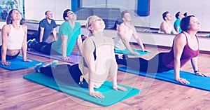 Adults having yoga class in sport club
