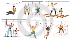 Adults and kids in rope adventure park, vector illustration. Sport, entertainment and fun. Summer outdoor activities.