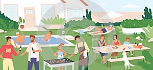 Adults and kids spending time in backyard at barbecue party or picnic. People performing recreational activities in