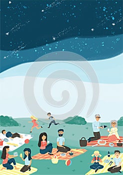 Adults and kids spending time in night party or picnic. Poster and flyer template with copyspace.
