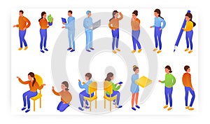 Adults and kids standing, sitting in different poses, isometric icon set, flat vector isolated illustration.