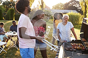 Adults talking at a multi generation family barbecue