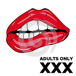 Adults Only XXX. Sweet pop art Pair of Glossy Vector Lips. Open wet red lips with teeth pop art illustration