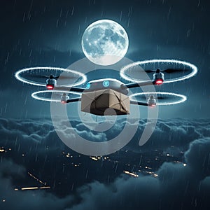 Futuristic AI Drones in Heavy Rain â Autonomous Parcel Delivery, Real-Time Weather Avoidance & Neon Night Logistics