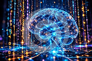 Advanced AI Brain: Conceptual Visualization of Binary Code, Machine Learning, and Big Data Digital Intelligence.