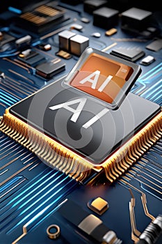 Advanced AI chip on a detailed blue electronic circuit board