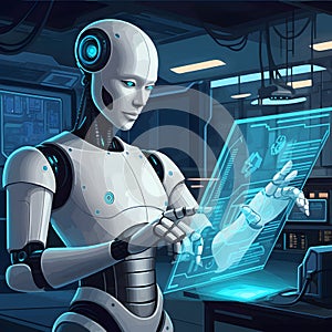 Advanced AI humanoid robot analyzing holographic human face data in futuristic research laboratory setting