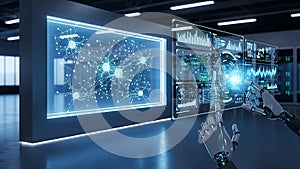 Advanced AI Laboratory with Robotic Hand and Data Visualization