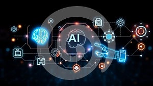 Advanced AI and Machine Learning Concept with Robotic Systems on Digital Smart Interface photo