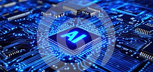 An advanced AI processor on a printed circuit board illuminated by blue lights