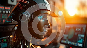 Advanced ai robot analyzing data on computer screen in futuristic setting