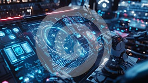 Advanced AI Robot Analyzing Data in Futuristic Control Room