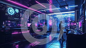 Advanced AI Robot Analyzing Data in Futuristic Control Room