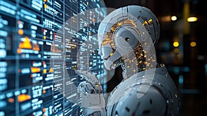 Advanced AI Robot Analyzing Data on Futuristic Interface