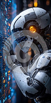 Advanced AI Robot Analyzing Data with Futuristic Interface in Technological Environment