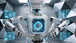 Advanced AI robot analyzing data in a futuristic lab setting