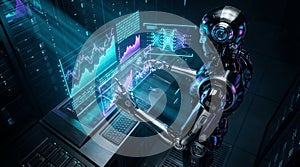 Advanced AI Robot Analyzing Financial Data on Laptop with Holographic Interface