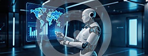 Advanced AI Robot Interacts with Futuristic Interface