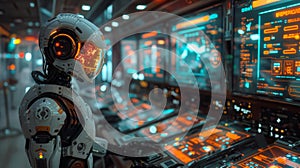 Advanced AI Robot Operating High-Tech Control Room, Generative AI