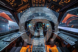 Advanced airplane cockpit with illuminated control panels and displays during calibration