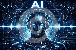 Advanced Artificial Intelligence Concept With Humanoid Robot And Digital Signal Environment