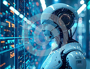 Advanced Artificial Intelligence Robot, Futuristic Humanoid Cyborg, Machine Learning Technology, Digital Data Processing Concept