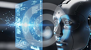 Advanced artificial intelligence robot interface displaying complex data and futuristic technology