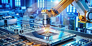 Advanced Automated Robot Arm Assembling Processor on Circuit Board in a Modern Robotics Factory