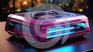 Advanced bioprinter in lab technical components, empty cartridges, printing progress display