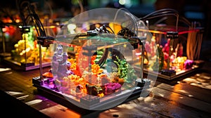 Advanced bioprinter in lab with technical components, empty cartridges, and progress display