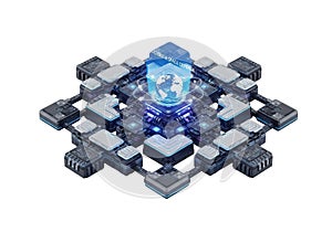 Advanced circuit board with glowing central processor and interconnected components