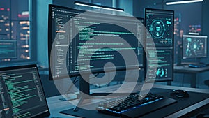 Advanced Coding And Data Systems On Multi Monitor Setup 4k ai
