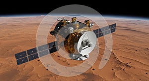 advanced communication satellite orbiting Mars with solar panels and high-gain antenna for interplanetary data transmission photo